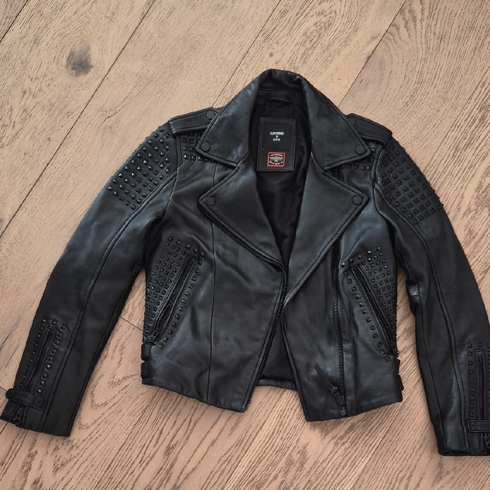 Superdry Black Studded Biker Leather Jacket